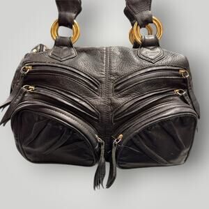 Vintage Y2k Black Leather Convertible Black Leather Purse Satchel Large Treesje